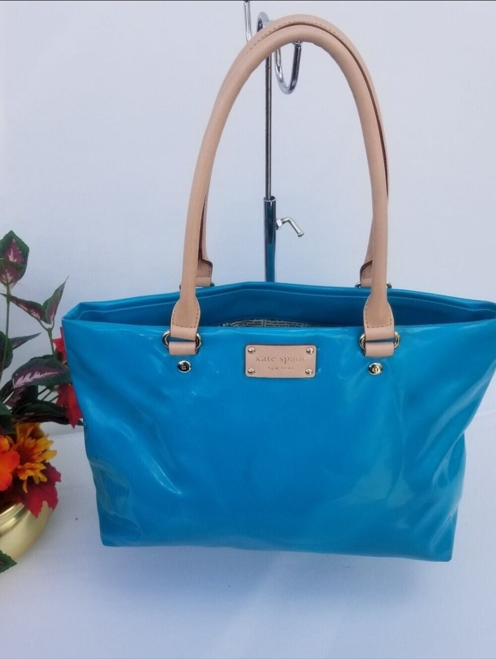 Kate Spade Turquoise Patent Tote Bag Beige Handles Fair Condition
